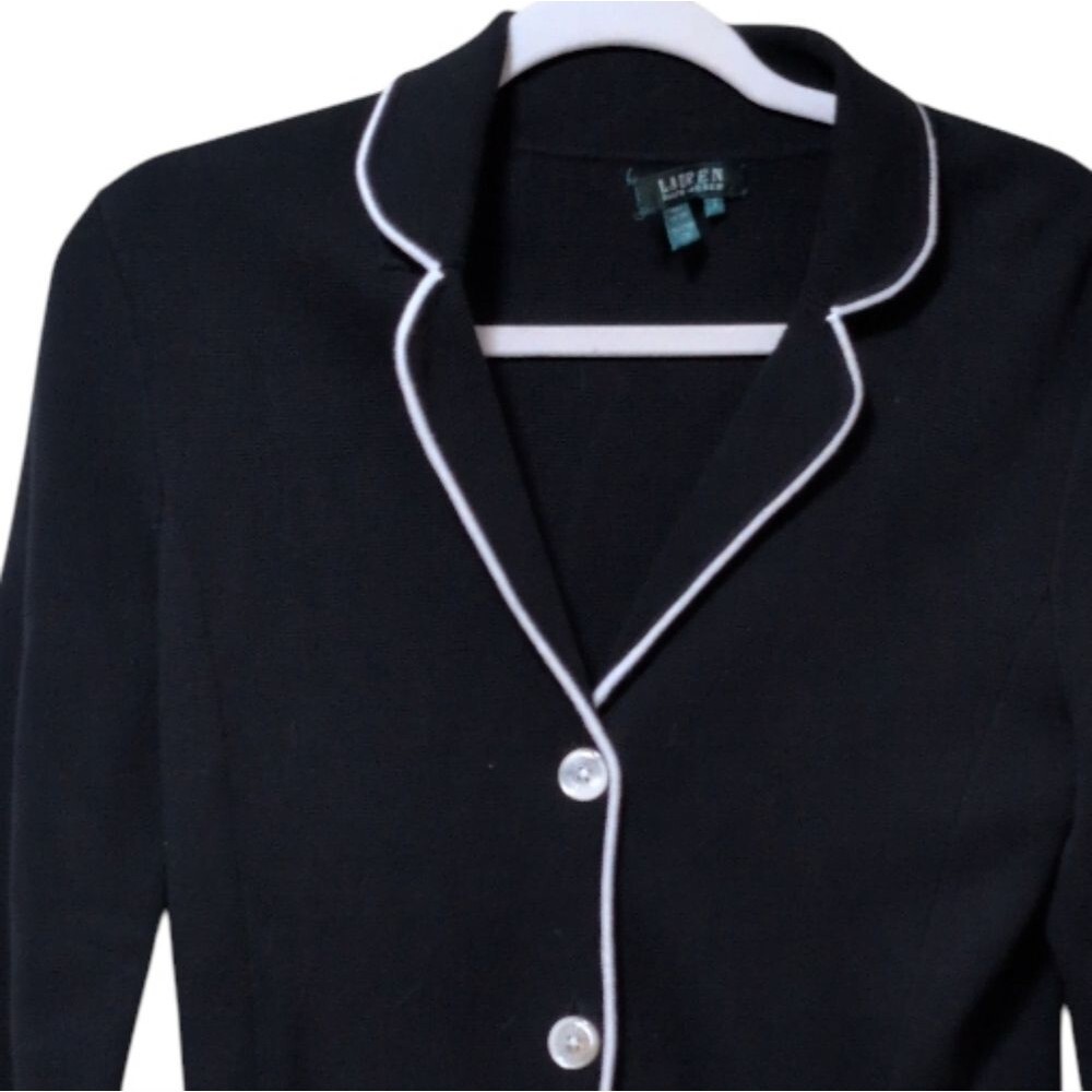 Vintage Lauren Ralph Lauren sweater blazer black knit white piping cotton Small - Picture 6 of 7